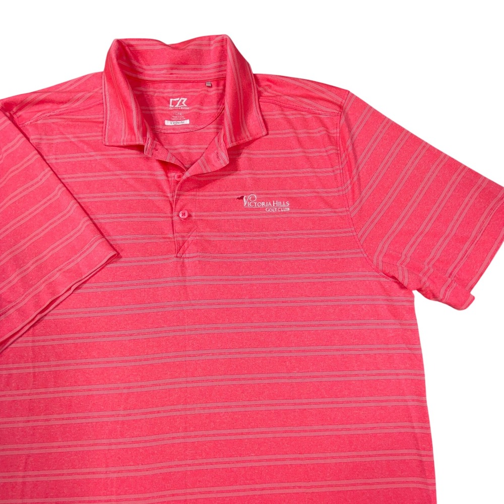 Cutter‎ & Buck Polo Shirt Men Large Pink Striped Dry Tech Victoria Course Golf